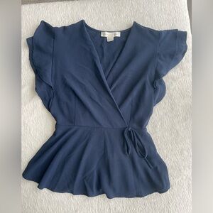 Monteau Navy Wrap Short Sleeve Blouse